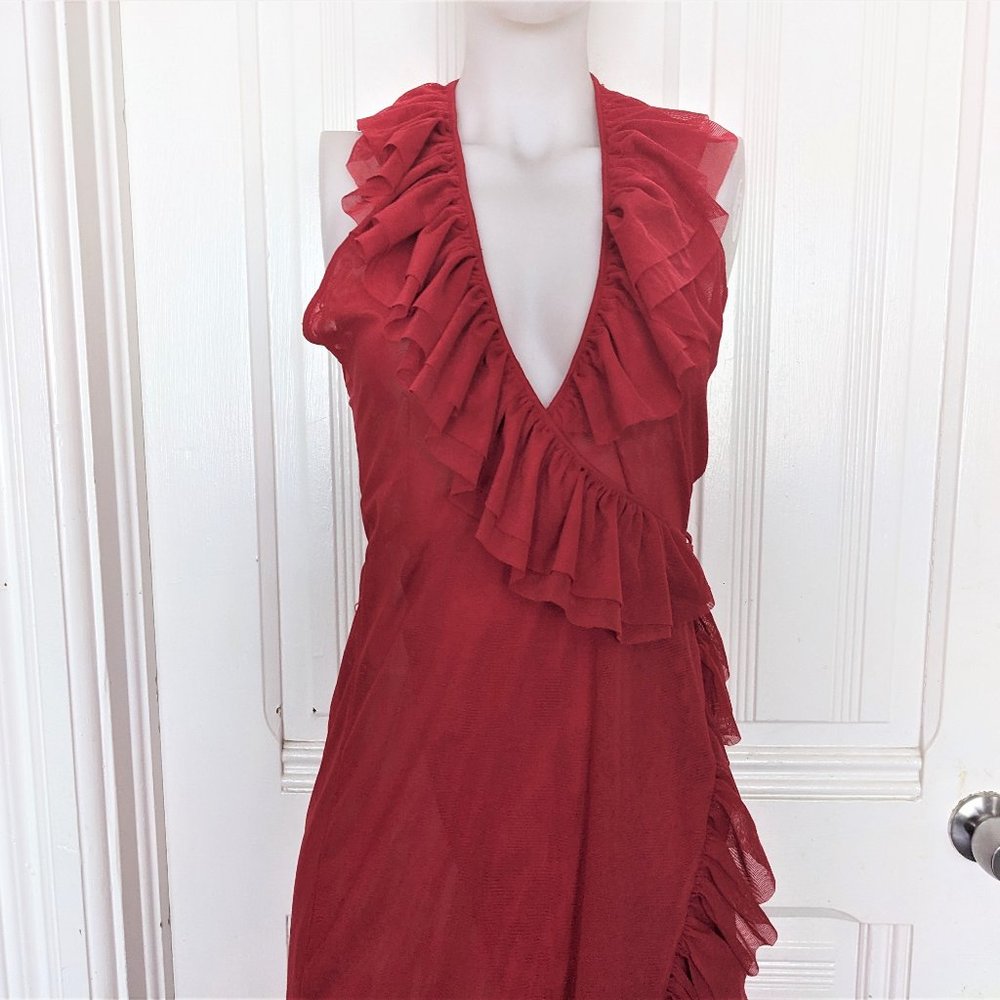 Forplay Red Mesh Ruffle Halter Gown - Picture 5 of 11